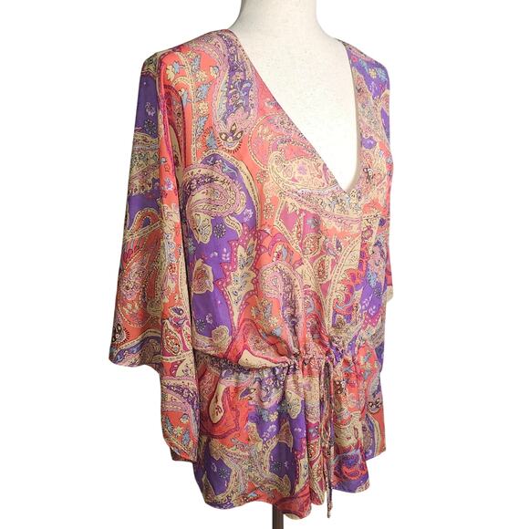 Chaps Large Paisley Floral Colorful Tunic Blouse with Drawstring Waist Lg V-Neck - Picture 2 of 10